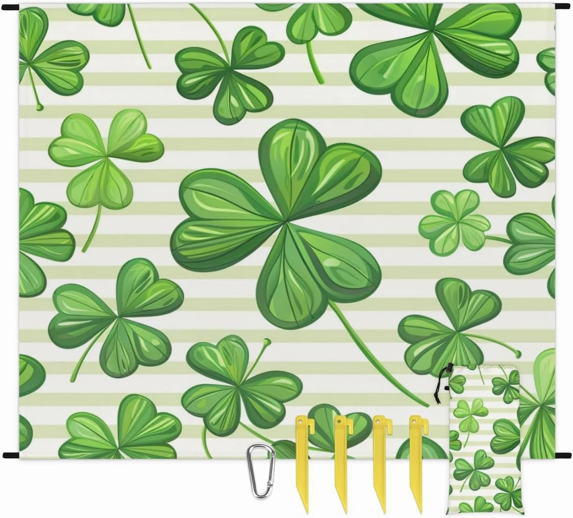 St.Patrick's Day Beach Blanket, Sandproof Beach Mat, Adults Waterproof Quick Drying Sand Free Mat with 4 x Ground Spikes for Outdoor Travel Camping Hiking, Clover Branches Green Leaves