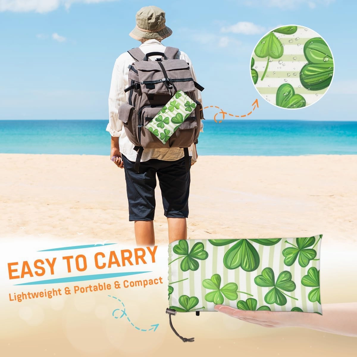 St.Patrick's Day Beach Blanket, Sandproof Beach Mat, Adults Waterproof Quick Drying Sand Free Mat with 4 x Ground Spikes for Outdoor Travel Camping Hiking, Clover Branches Green Leaves