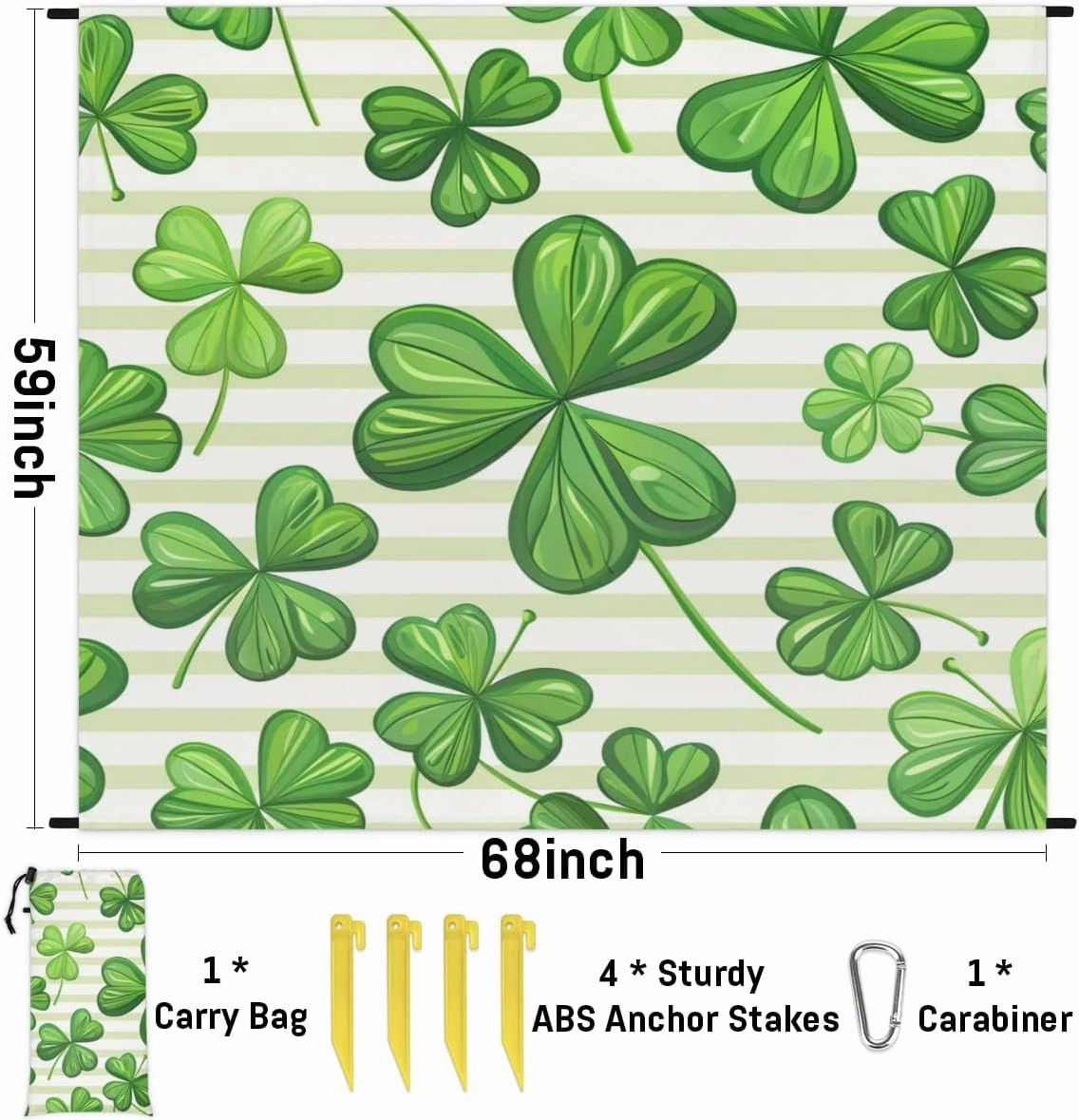 St.Patrick's Day Beach Blanket, Sandproof Beach Mat, Adults Waterproof Quick Drying Sand Free Mat with 4 x Ground Spikes for Outdoor Travel Camping Hiking, Clover Branches Green Leaves