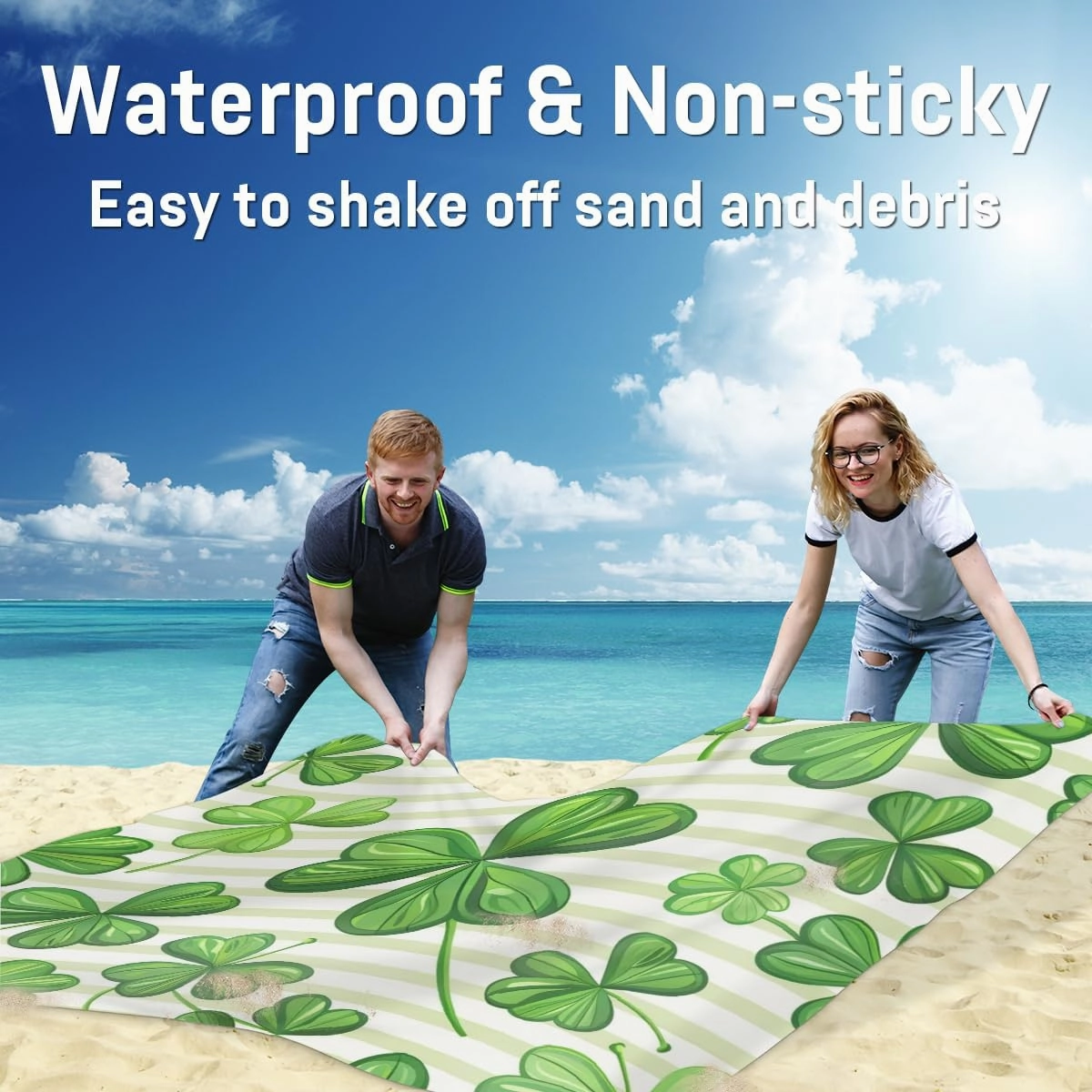St.Patrick's Day Beach Blanket, Sandproof Beach Mat, Adults Waterproof Quick Drying Sand Free Mat with 4 x Ground Spikes for Outdoor Travel Camping Hiking, Clover Branches Green Leaves