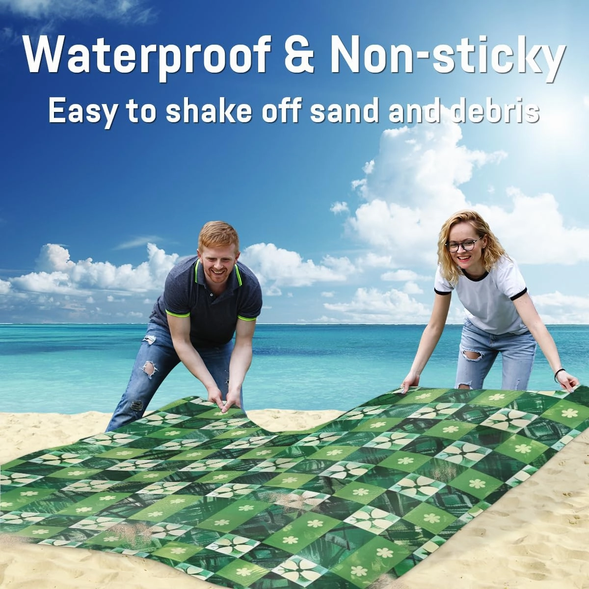 St. Patrick's Day Beach Blanket, Sandproof Beach Mat, Adults Waterproof Quick Drying Sand Free Mat with 4 x Ground Spikes for Outdoor Travel Camping Hiking, Clover Buffalo Check Plaid