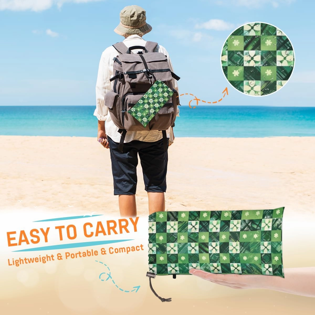 St. Patrick's Day Beach Blanket, Sandproof Beach Mat, Adults Waterproof Quick Drying Sand Free Mat with 4 x Ground Spikes for Outdoor Travel Camping Hiking, Clover Buffalo Check Plaid