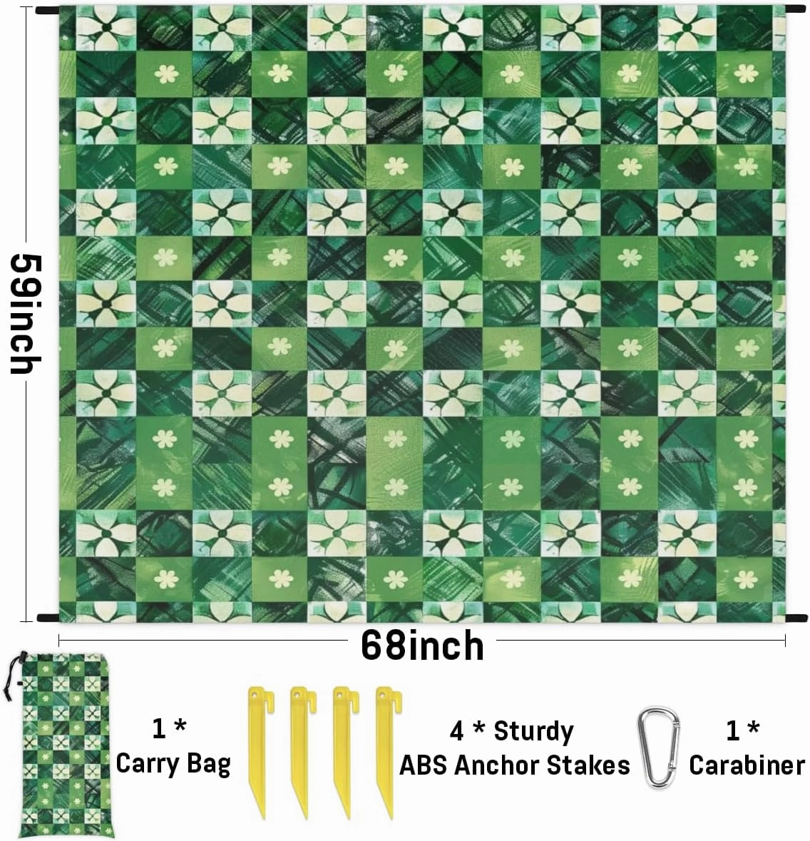 St. Patrick's Day Beach Blanket, Sandproof Beach Mat, Adults Waterproof Quick Drying Sand Free Mat with 4 x Ground Spikes for Outdoor Travel Camping Hiking, Clover Buffalo Check Plaid
