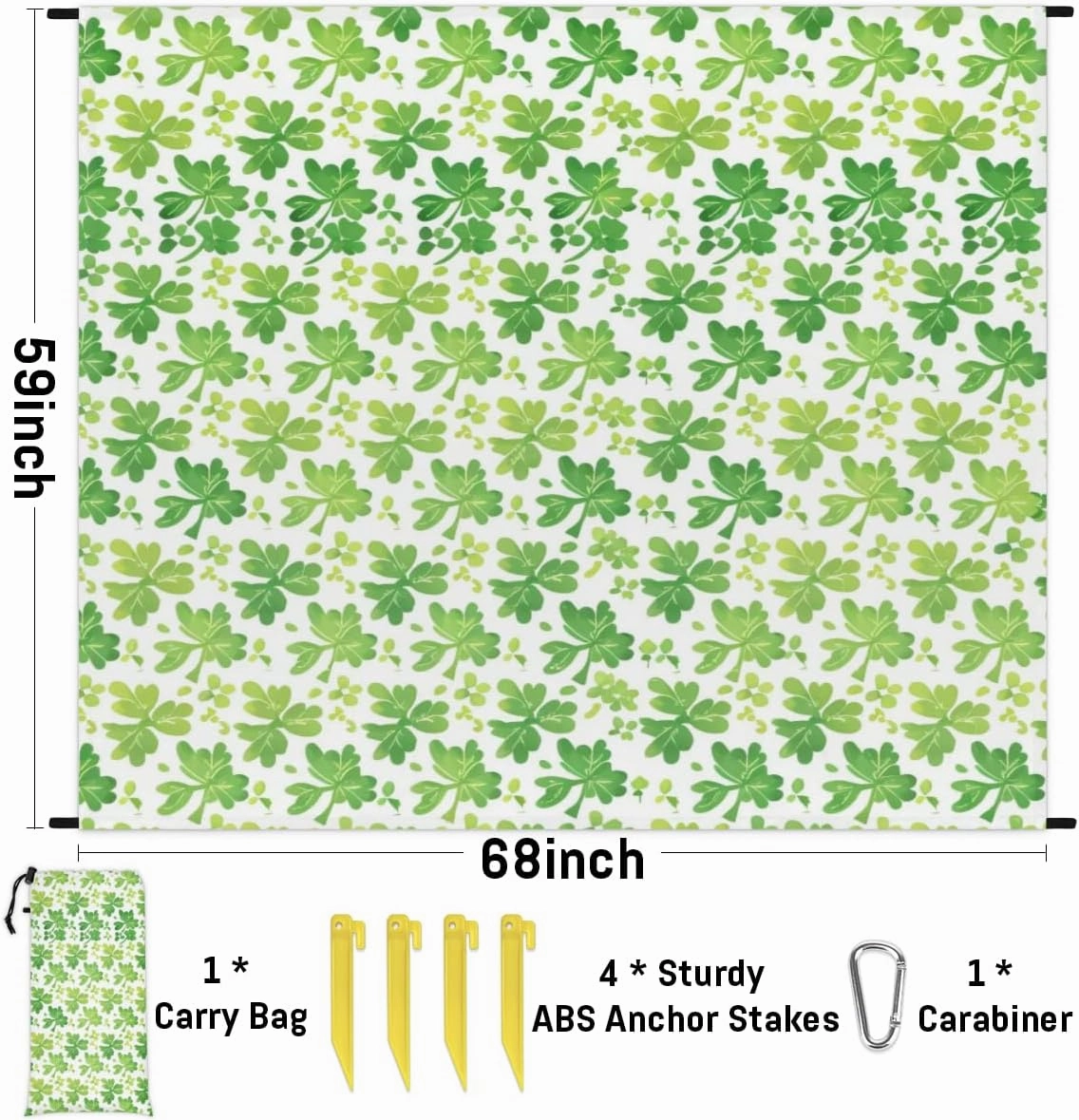 St. Patrick's Day Beach Blanket, Sandproof Beach Mat, Adults Waterproof Quick Drying Sand Free Mat with 4 x Ground Spikes for Outdoor Travel Camping Hiking, Clover Shamrocks Lucky