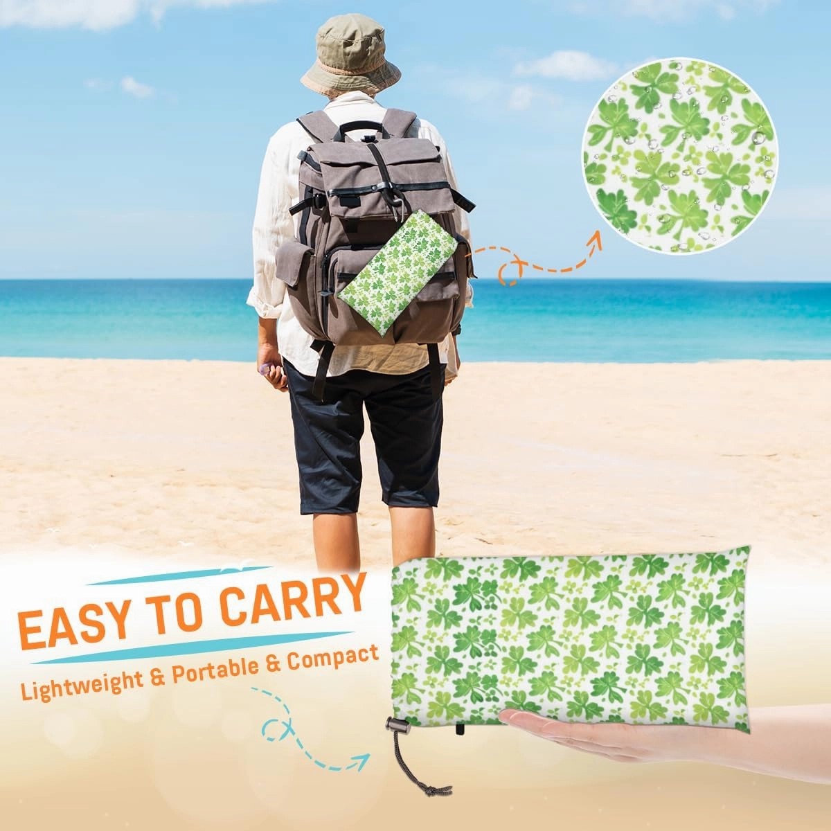 St. Patrick's Day Beach Blanket, Sandproof Beach Mat, Adults Waterproof Quick Drying Sand Free Mat with 4 x Ground Spikes for Outdoor Travel Camping Hiking, Clover Shamrocks Lucky