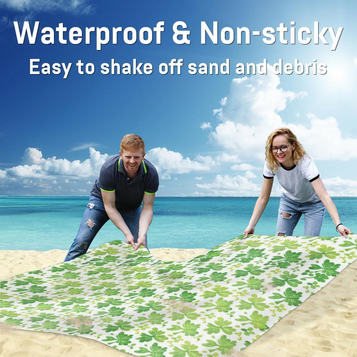 St. Patrick's Day Beach Blanket, Sandproof Beach Mat, Adults Waterproof Quick Drying Sand Free Mat with 4 x Ground Spikes for Outdoor Travel Camping Hiking, Clover Shamrocks Lucky