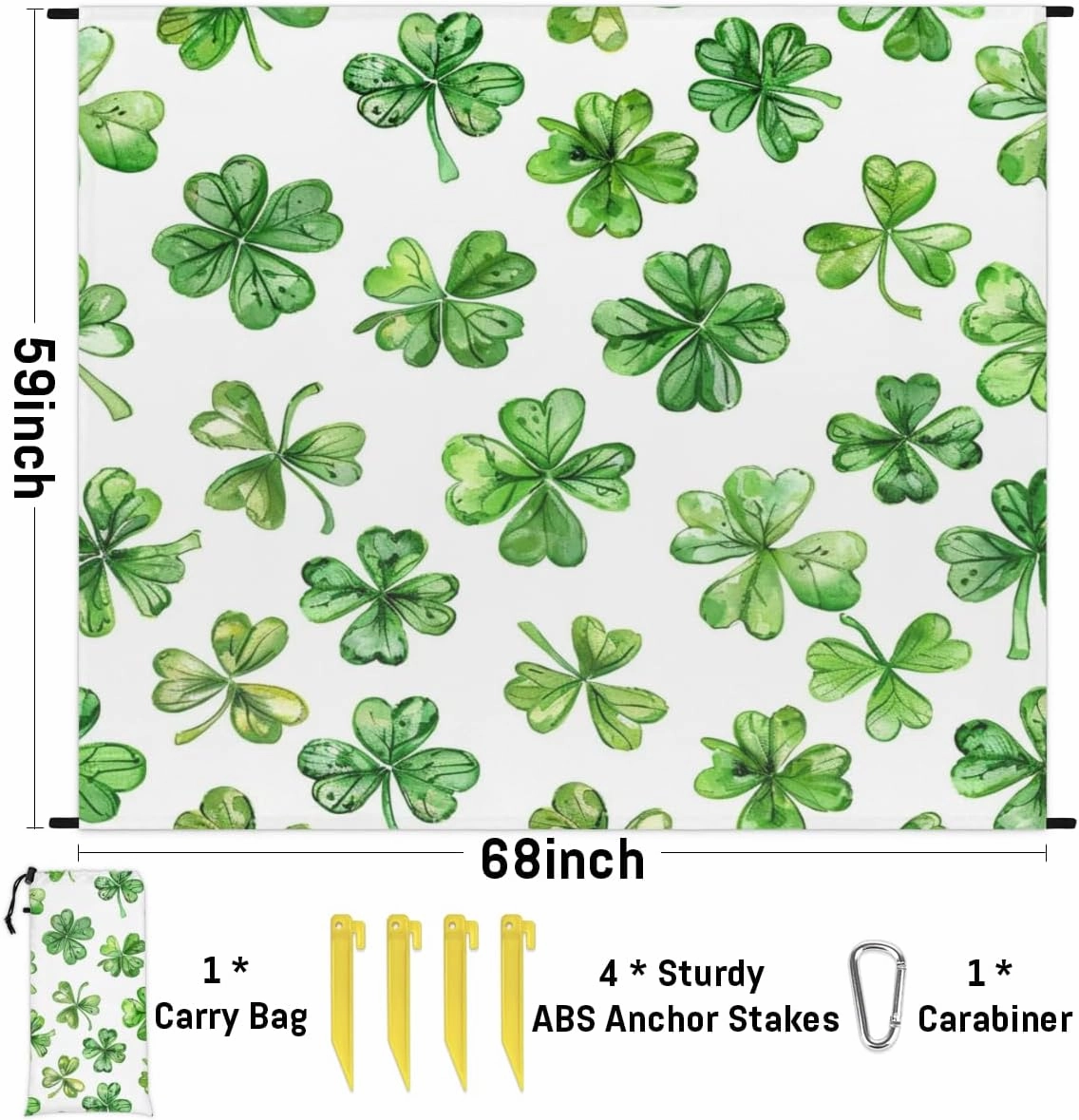 St.Patrick's Day Beach Blanket, Sandproof Beach Mat, Adults Waterproof Quick Drying Sand Free Mat with 4 x Ground Spikes for Outdoor Travel Camping Hiking, Green Shamrock Lucky Clover Leaf