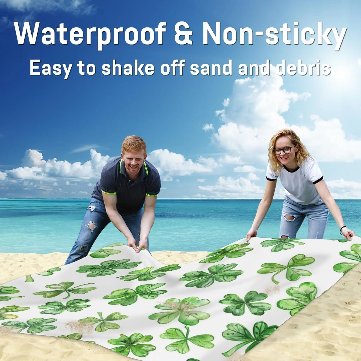 St.Patrick's Day Beach Blanket, Sandproof Beach Mat, Adults Waterproof Quick Drying Sand Free Mat with 4 x Ground Spikes for Outdoor Travel Camping Hiking, Green Shamrock Lucky Clover Leaf
