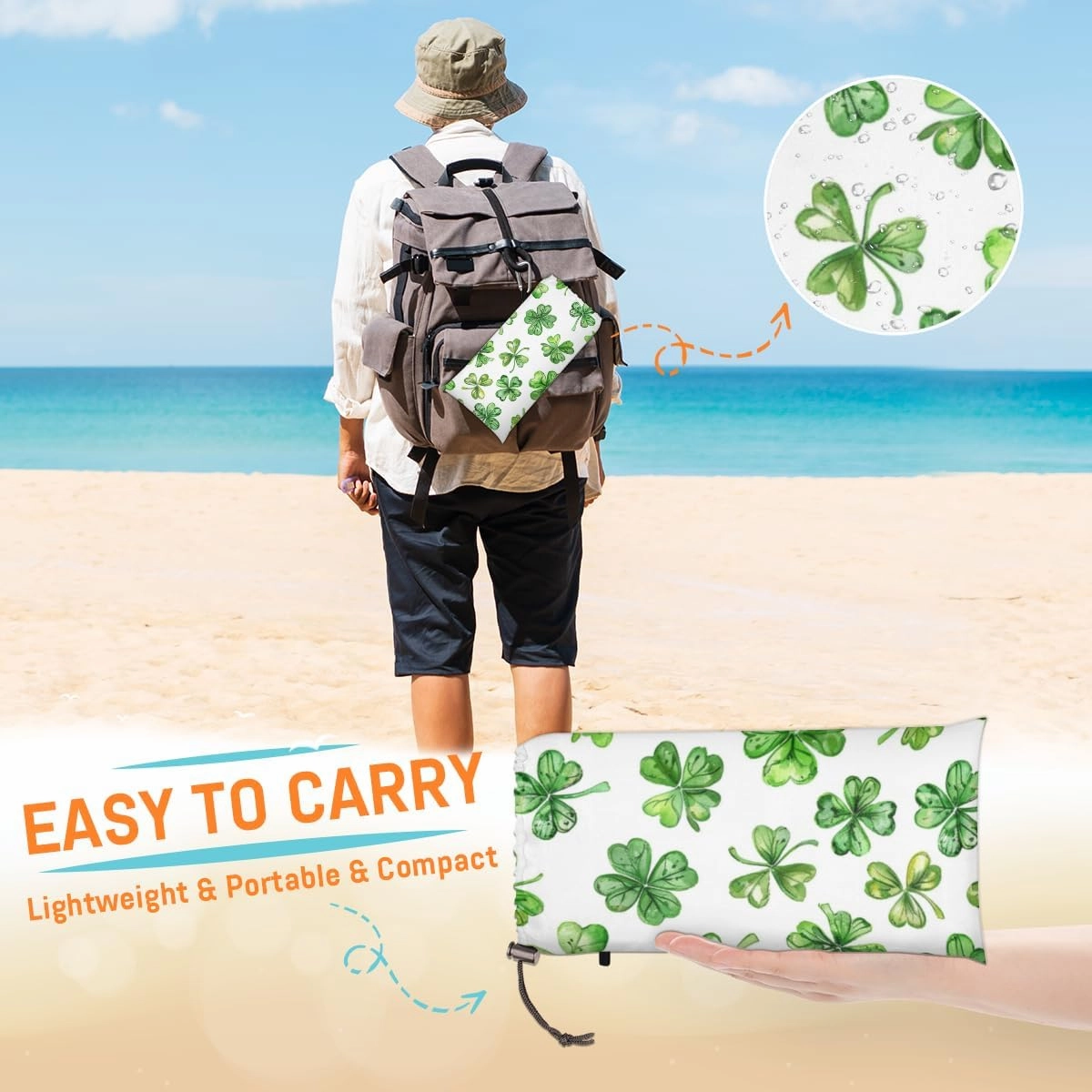 St.Patrick's Day Beach Blanket, Sandproof Beach Mat, Adults Waterproof Quick Drying Sand Free Mat with 4 x Ground Spikes for Outdoor Travel Camping Hiking, Green Shamrock Lucky Clover Leaf