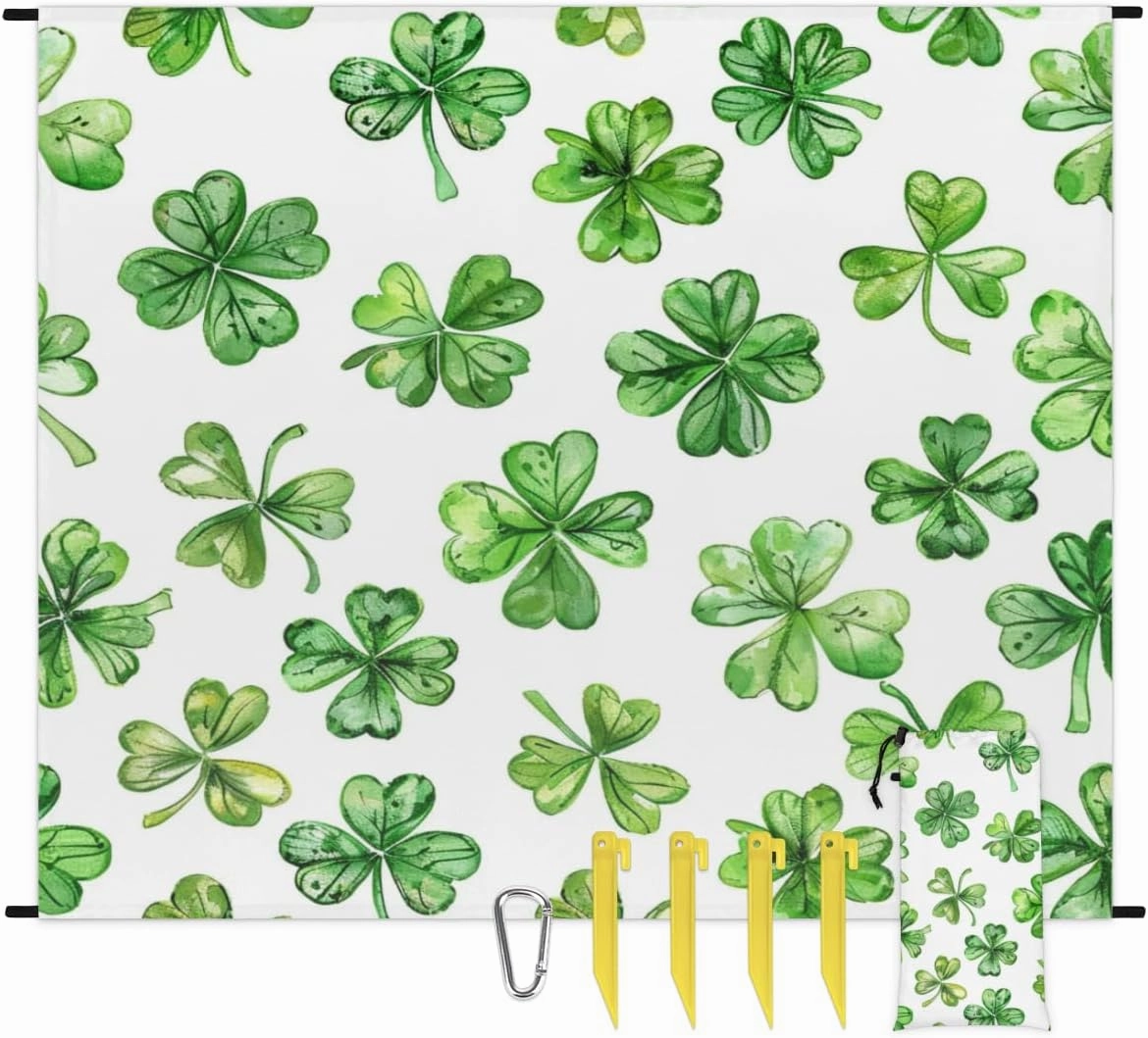 St.Patrick's Day Beach Blanket, Sandproof Beach Mat, Adults Waterproof Quick Drying Sand Free Mat with 4 x Ground Spikes for Outdoor Travel Camping Hiking, Green Shamrock Lucky Clover Leaf