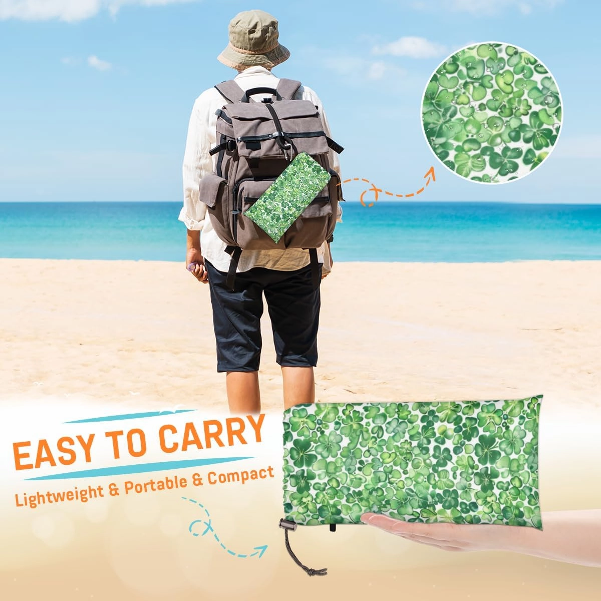 St Patricks Day Beach Blanket, Sandproof Beach Mat, Adults Waterproof Quick Drying Sand Free Mat with 4 x Ground Spikes for Outdoor Travel Camping Hiking, Irish Clover Shamrock