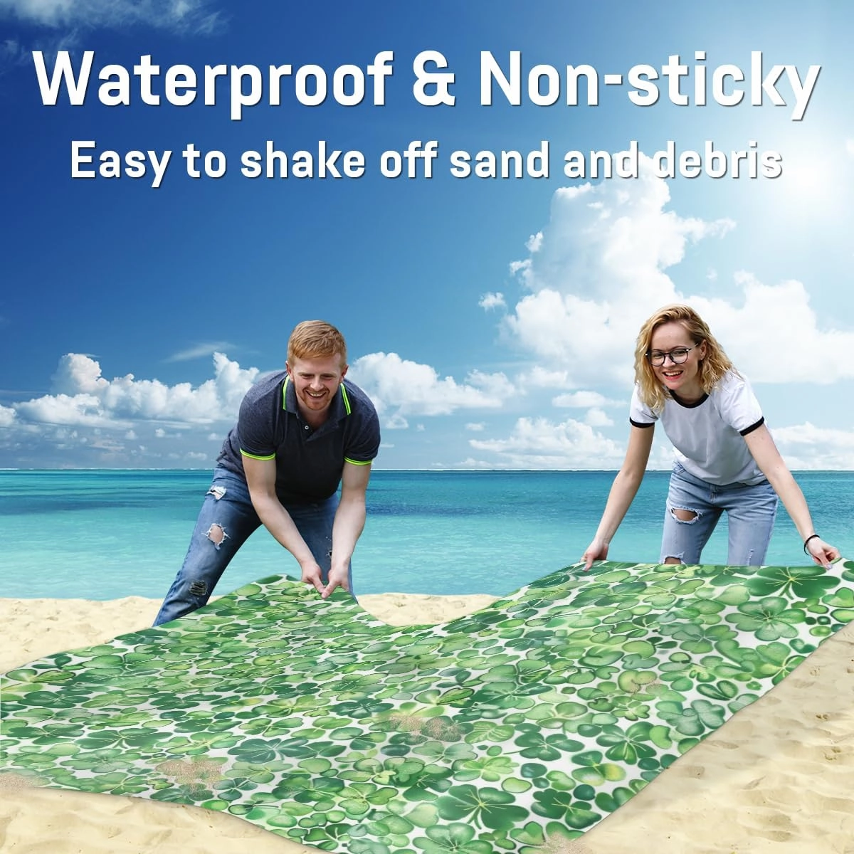 St Patricks Day Beach Blanket, Sandproof Beach Mat, Adults Waterproof Quick Drying Sand Free Mat with 4 x Ground Spikes for Outdoor Travel Camping Hiking, Irish Clover Shamrock