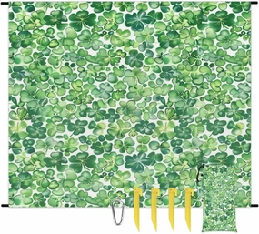 St Patricks Day Beach Blanket, Sandproof Beach Mat, Adults Waterproof Quick Drying Sand Free Mat with 4 x Ground Spikes for Outdoor Travel Camping Hiking, Irish Clover Shamrock
