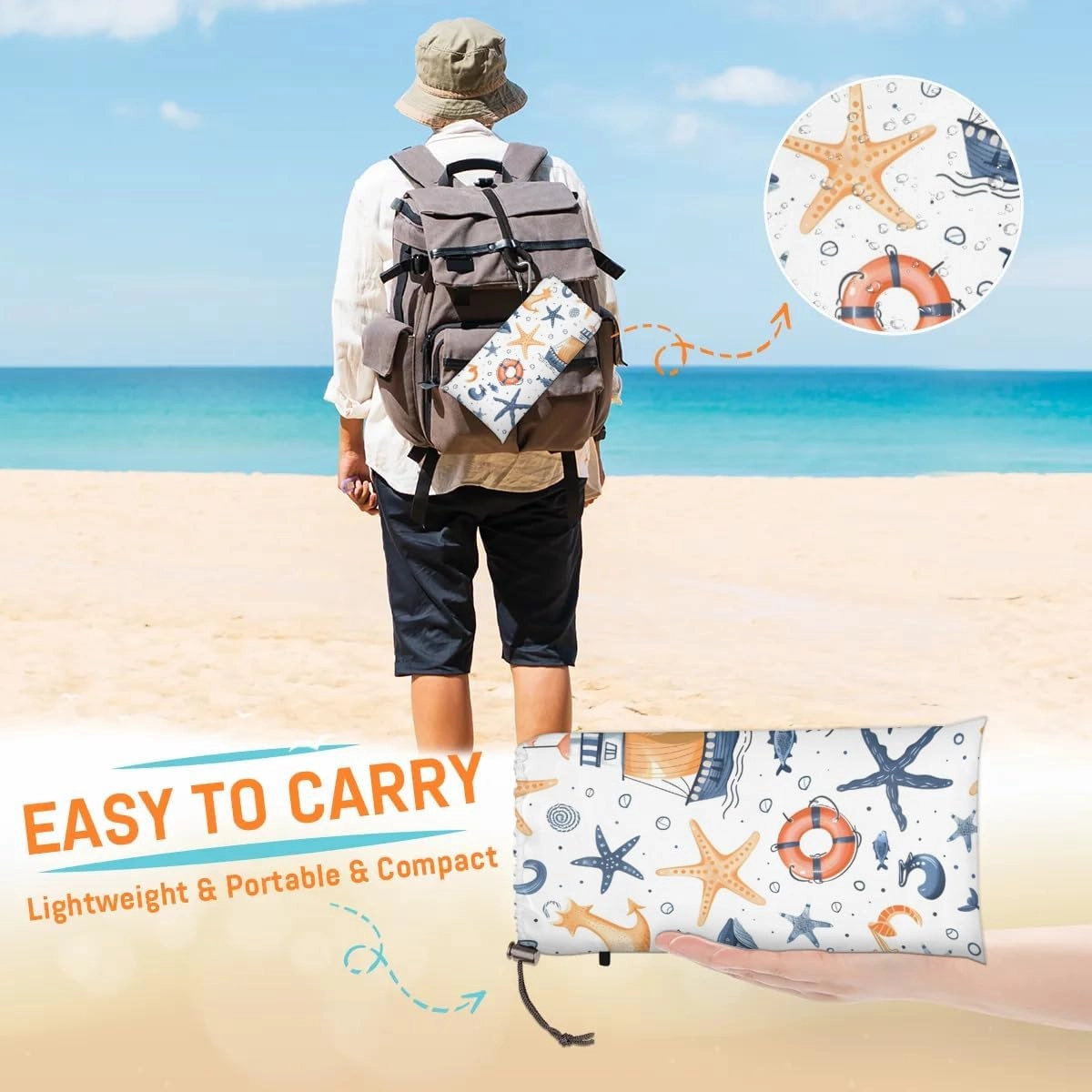 Starfish Anchor Whale Shark Beach Blanket, Sandproof Beach Mat, 68 x 59 Waterproof Quick Drying Sand Free Mat with 4 x Ground Spikes for Outdoor Travel Camping Hiking, Nautical