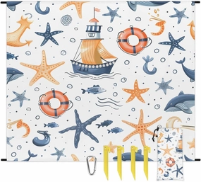 Starfish Anchor Whale Shark Beach Blanket, Sandproof Beach Mat, 68 x 59 Waterproof Quick Drying Sand Free Mat with 4 x Ground Spikes for Outdoor Travel Camping Hiking, Nautical