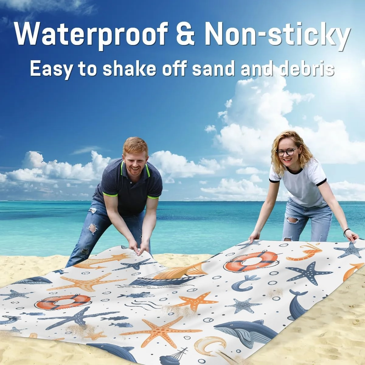Starfish Anchor Whale Shark Beach Blanket, Sandproof Beach Mat, 68 x 59 Waterproof Quick Drying Sand Free Mat with 4 x Ground Spikes for Outdoor Travel Camping Hiking, Nautical
