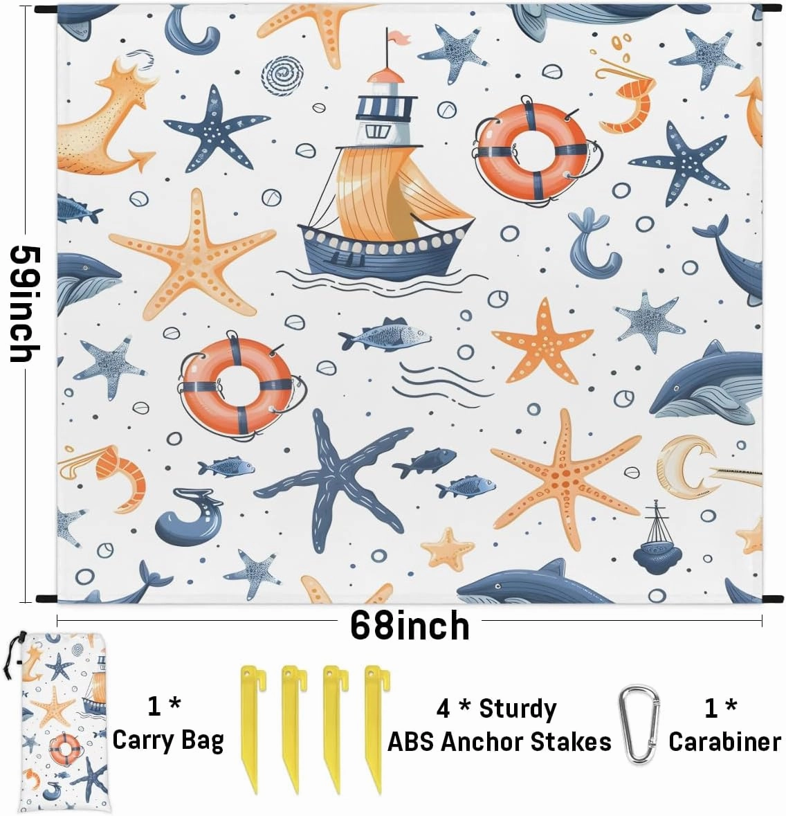 Starfish Anchor Whale Shark Beach Blanket, Sandproof Beach Mat, 68 x 59 Waterproof Quick Drying Sand Free Mat with 4 x Ground Spikes for Outdoor Travel Camping Hiking, Nautical