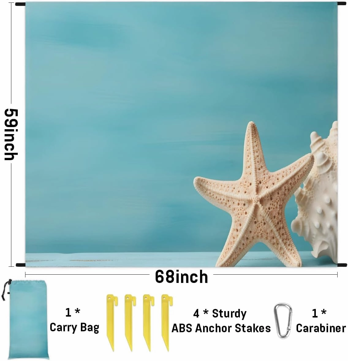 Starfish Ocean Beach Blanket, Sandproof Beach Mat, 68 x 59 Waterproof Quick Drying Sand Free Mat with 4 x Ground Spikes for Outdoor Travel Camping Hiking, Watercolor Starfish