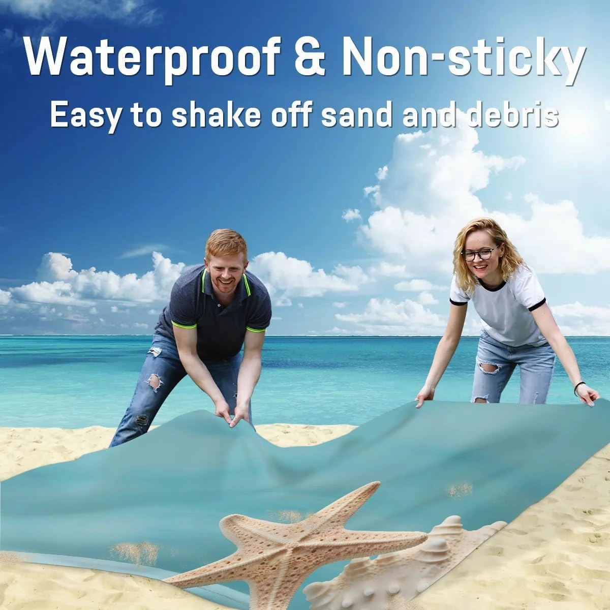 Starfish Ocean Beach Blanket, Sandproof Beach Mat, 68 x 59 Waterproof Quick Drying Sand Free Mat with 4 x Ground Spikes for Outdoor Travel Camping Hiking, Watercolor Starfish