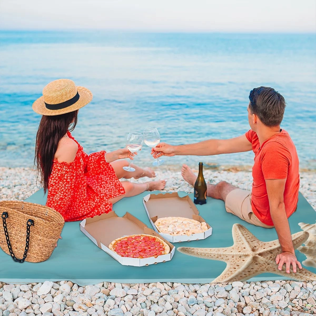 Starfish Ocean Beach Blanket, Sandproof Beach Mat, 68 x 59 Waterproof Quick Drying Sand Free Mat with 4 x Ground Spikes for Outdoor Travel Camping Hiking, Watercolor Starfish