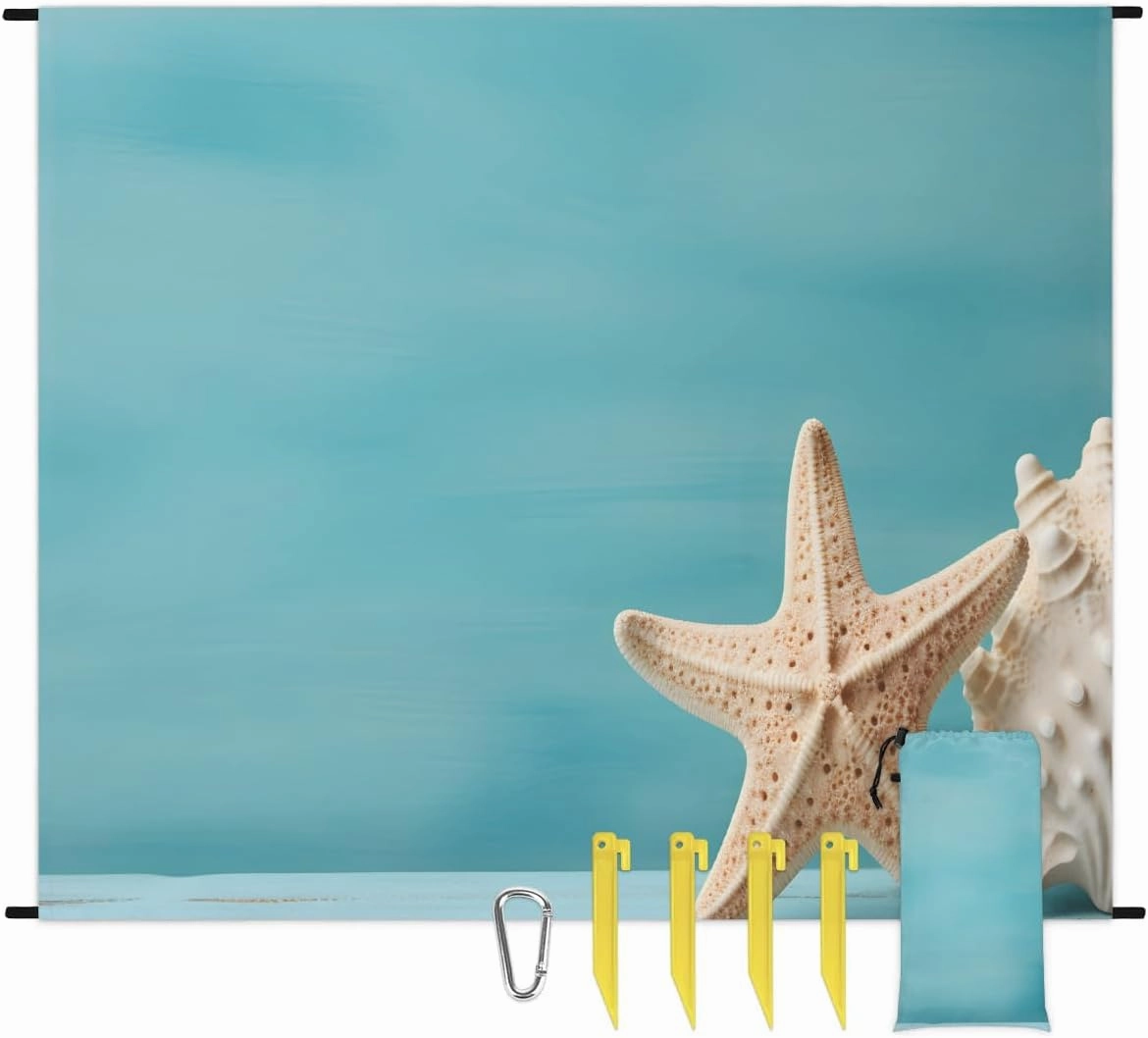 Starfish Ocean Beach Blanket, Sandproof Beach Mat, 68 x 59 Waterproof Quick Drying Sand Free Mat with 4 x Ground Spikes for Outdoor Travel Camping Hiking, Watercolor Starfish