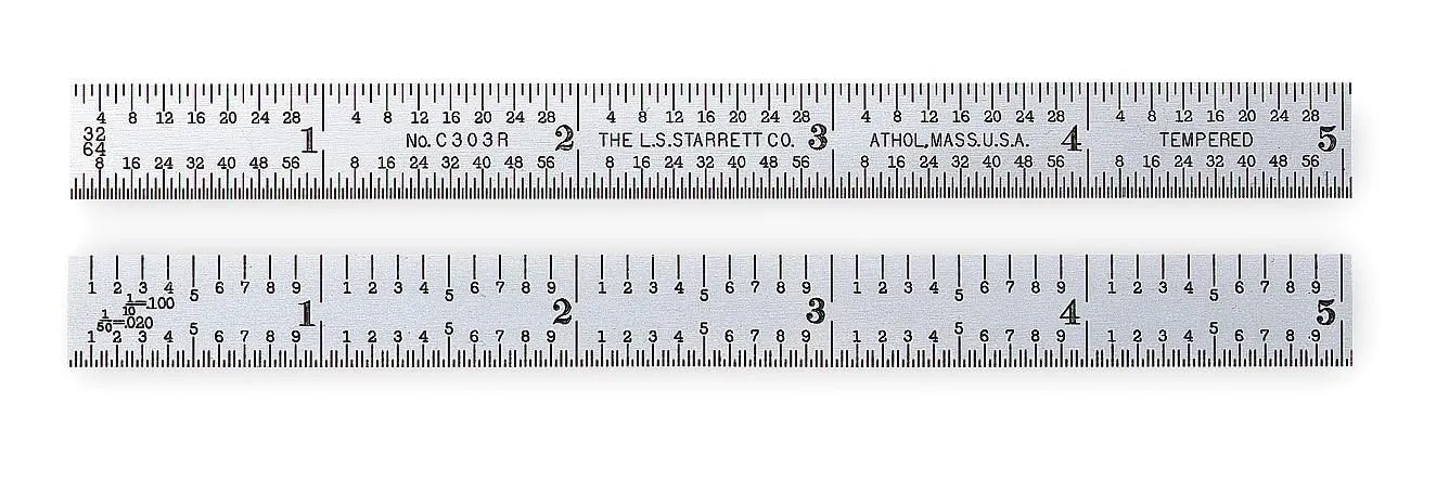 Starrett Full Flexible Steel Rule with Satin Chrome Finish, Quick Reading and Inch Graduation - 6" Length, 3R Graduation Type, 1/64" Thickness - C303R-6