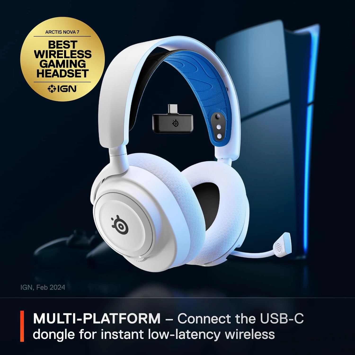 SteelSeries Arctis Nova 7P Wireless Multi-Platform Gaming Headset — Neodymium Magnetic Drivers — 2.4GHz   Bluetooth — 38Hr USB-C Battery — Gen2 AI Mic — PlayStation, PC, Switch, VR, Mobile - White