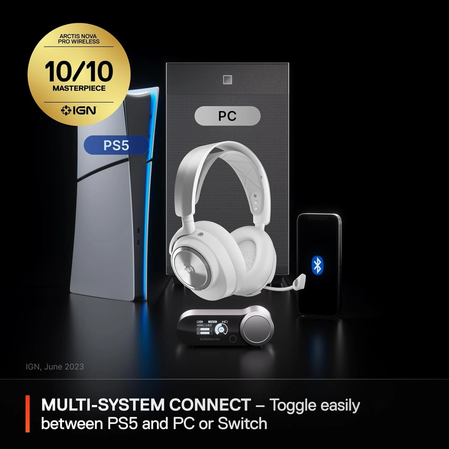 SteelSeries Arctis Nova Pro Wireless Multi-System Gaming Headset - Neodymium Magnetic Drivers - Active Noise Cancellation - Infinity Power System - Gen 2 Mic - PS5, PS4, PC, Switch, Mobile - White
