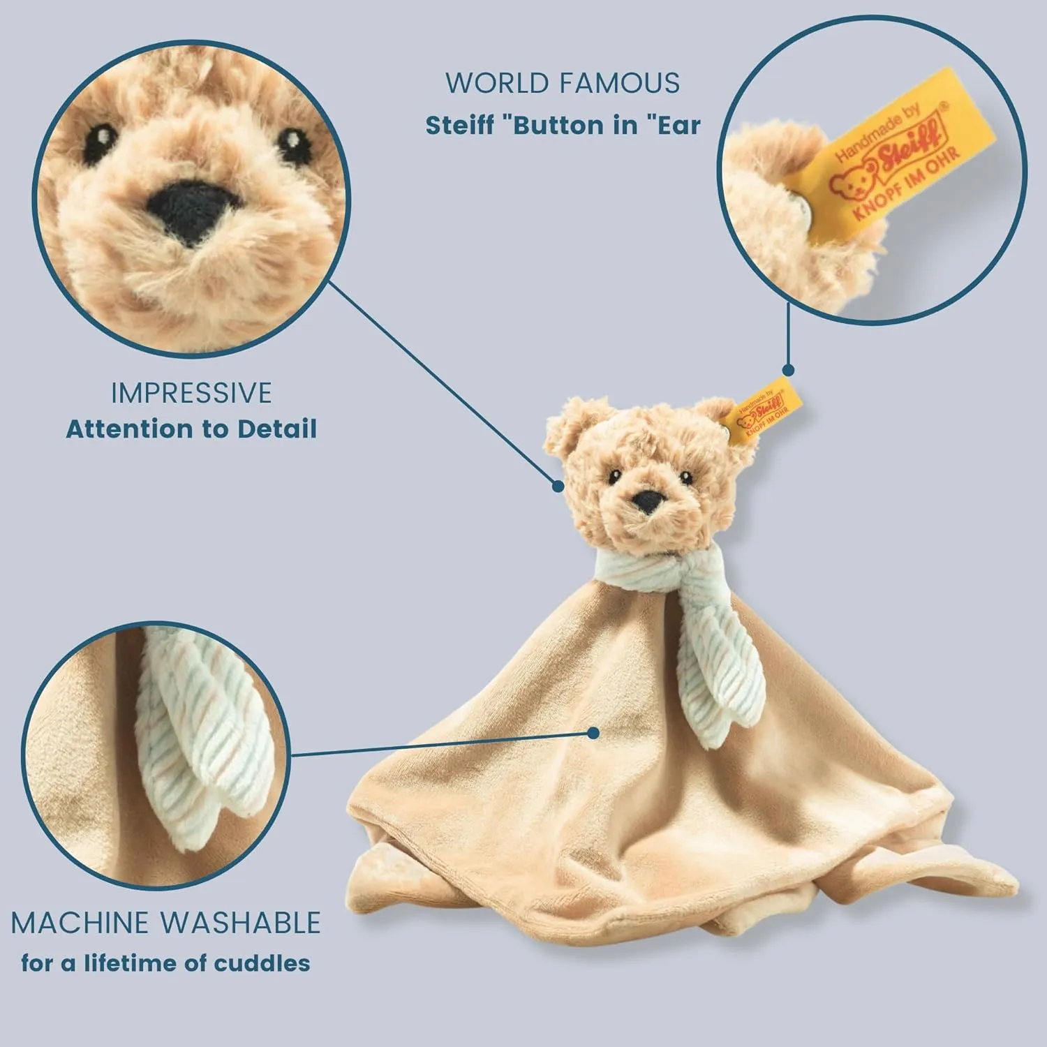 Steiff Jimmy Teddy Bear Security Blanket for Babies, Stuffed Animal Character Blanket, Cuddle Toy for Newborns, Infants, Toddlers (Beige, 10")