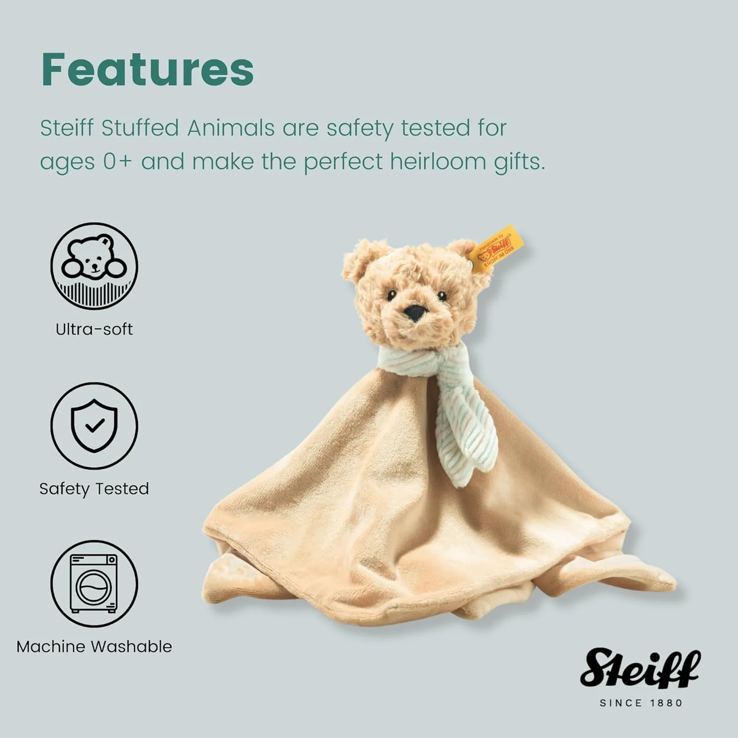 Steiff Jimmy Teddy Bear Security Blanket for Babies, Stuffed Animal Character Blanket, Cuddle Toy for Newborns, Infants, Toddlers (Beige, 10")