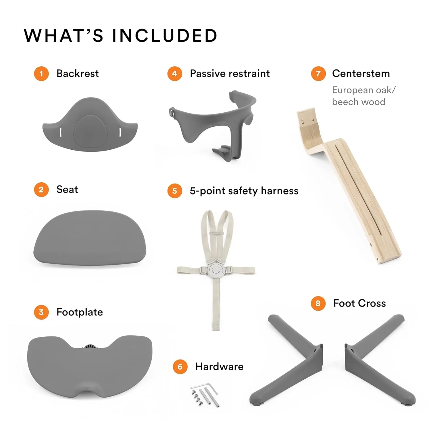 Stokke Nomi High Chair, Grey/Oak - Inspires Active Sitting - Tool-Free, Seamless Adjustability - Includes Baby Set with Removable Harness for Children 6-24 Months
