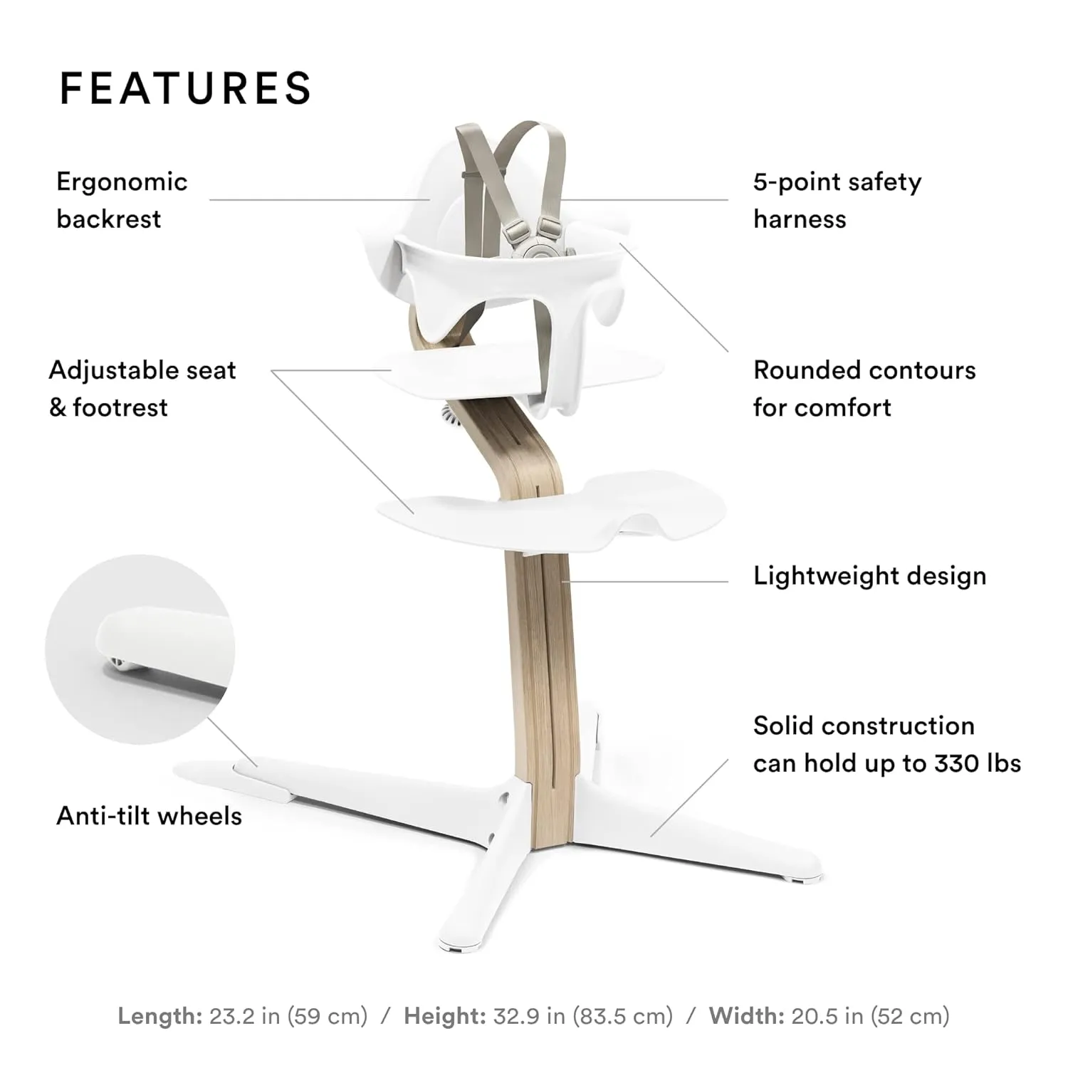 Stokke Nomi High Chair, White/Natural - Inspires Active Sitting - Tool-Free, Seamless Adjustability - Includes Baby Set with Removable Harness for Children 6-24 Months