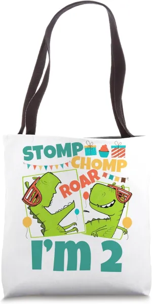 Stomp Chomp Roar I'm 2 Dinosaur Toy Decor 2nd Birthday Tote Bag