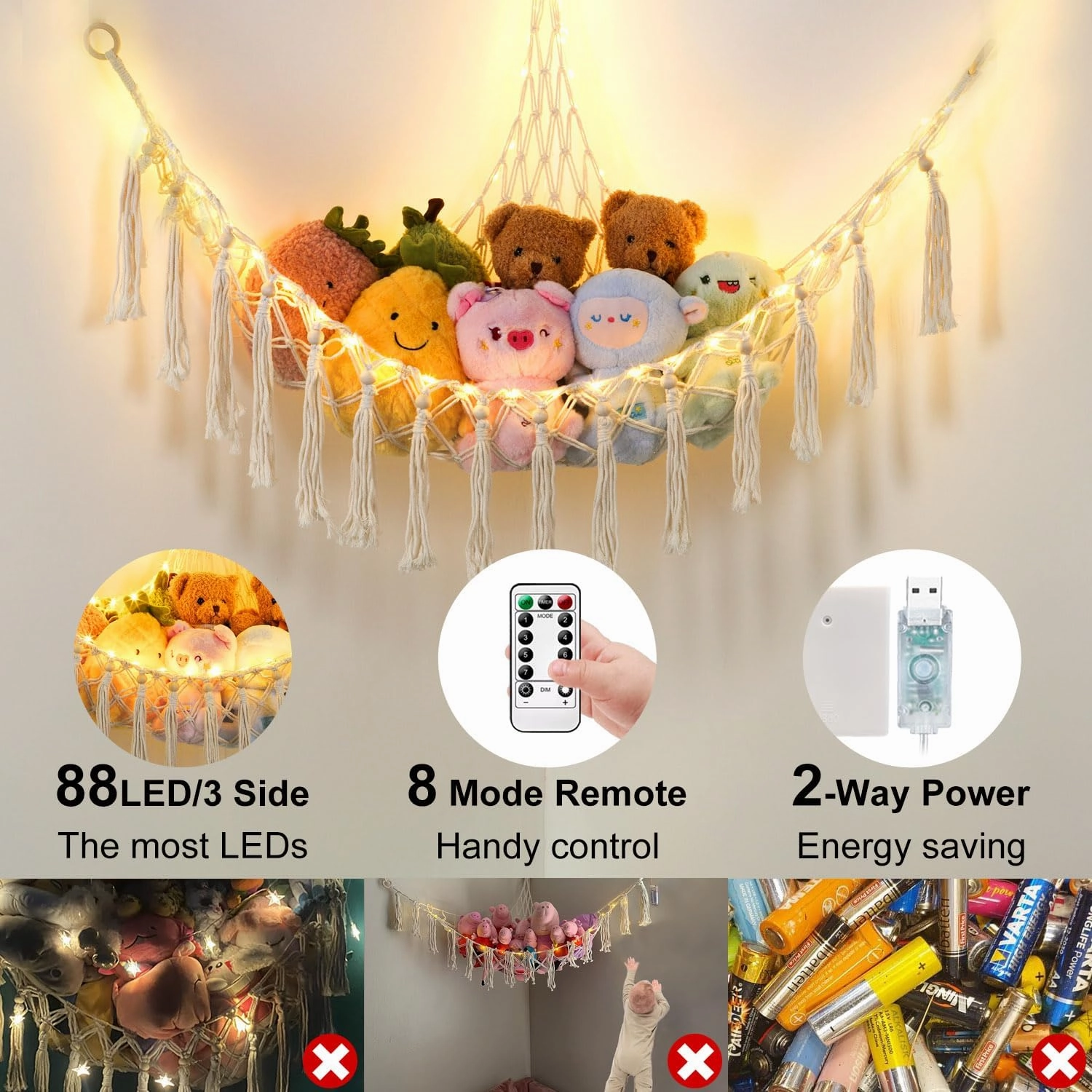 Stuffed Animal Hammock with 88LEDs, 63in Extra Large Toy Storage Macrame Hammock, Hanging Toy Net for Kids Bedroom Doll Room Corner Organizer, USB Plush Toys Net with Remote(Beige, XXL)