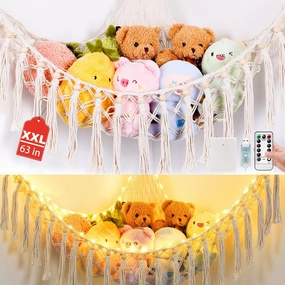Stuffed Animal Hammock with 88LEDs, 63in Extra Large Toy Storage Macrame Hammock, Hanging Toy Net for Kids Bedroom Doll Room Corner Organizer, USB Plush Toys Net with Remote(Beige, XXL)