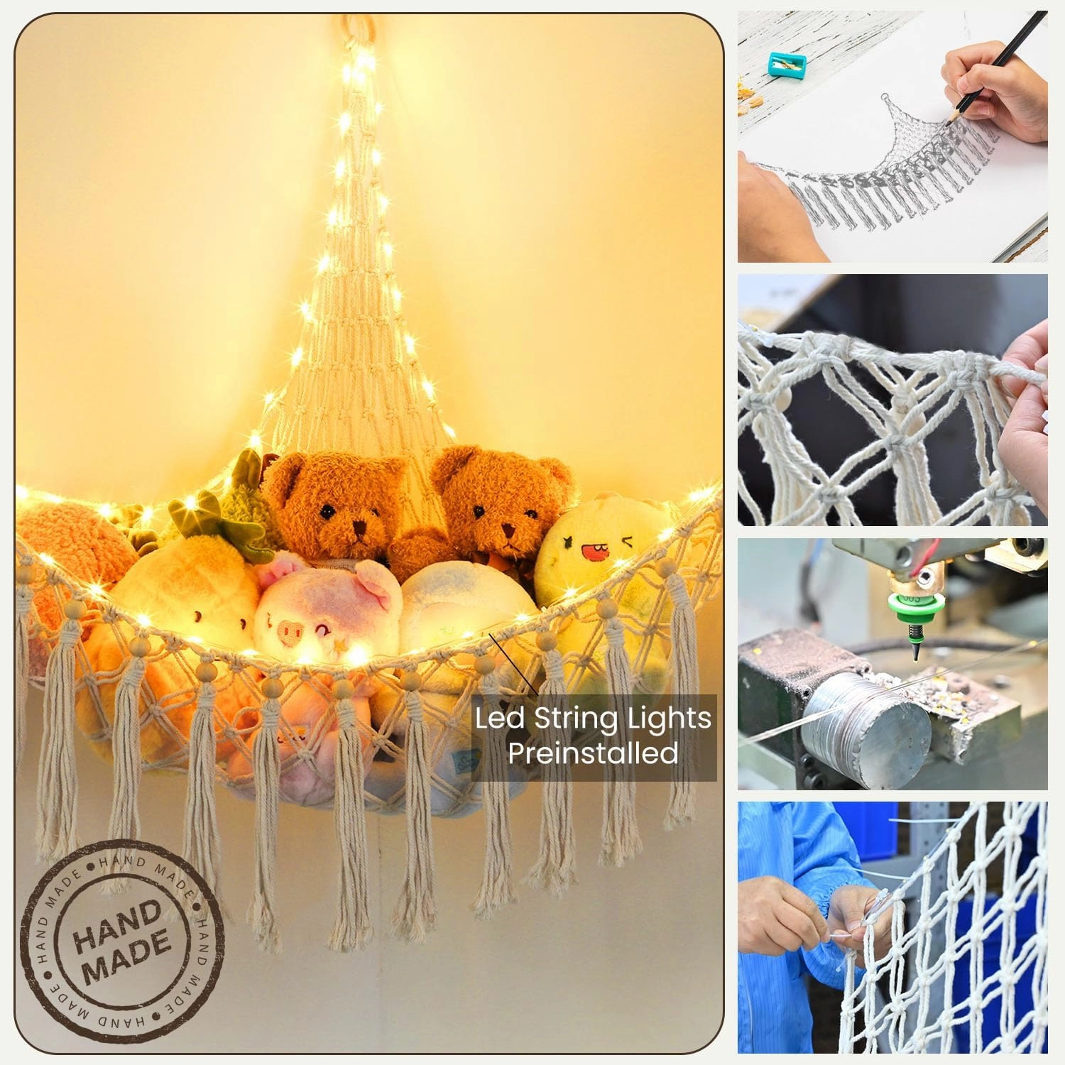 Stuffed Animal Hammock with 88LEDs, 63in Extra Large Toy Storage Macrame Hammock, Hanging Toy Net for Kids Bedroom Doll Room Corner Organizer, USB Plush Toys Net with Remote(Beige, XXL)