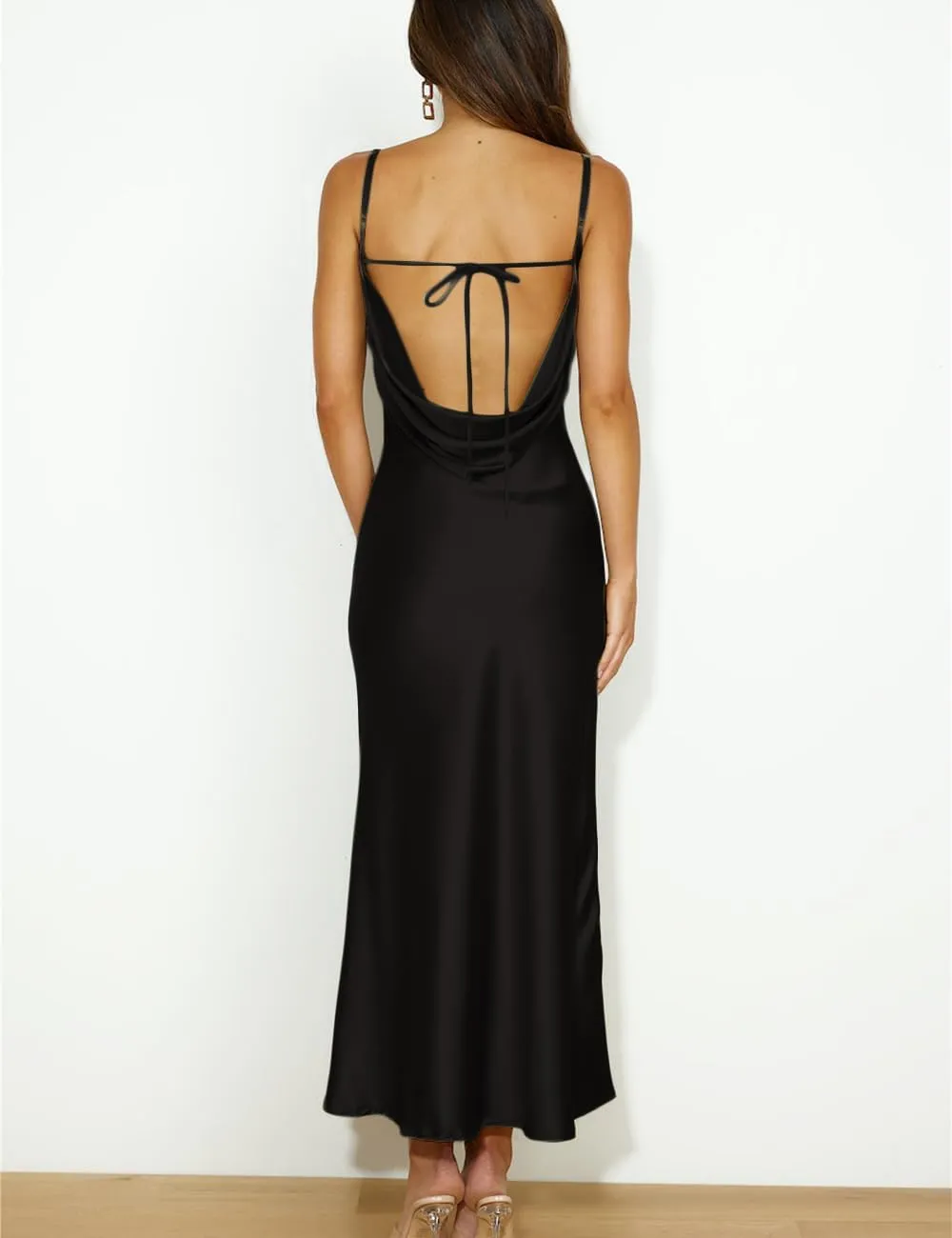 Summer Satin Spaghetti Strap Cowl Neck Backless Midi Dresses for Women Elegant Tie Low Back Ruched Cocktail Dress