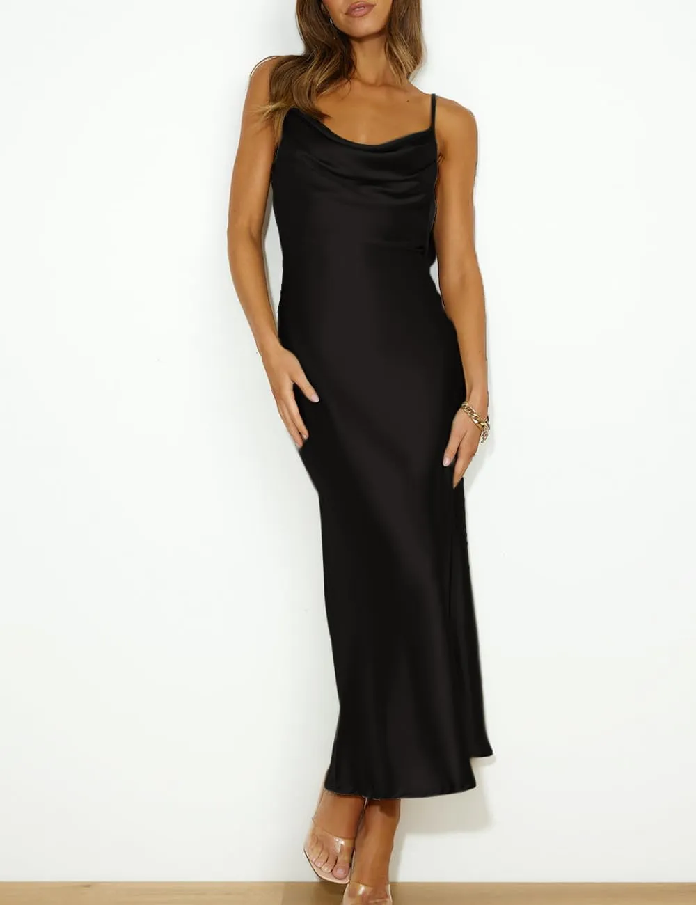 Summer Satin Spaghetti Strap Cowl Neck Backless Midi Dresses for Women Elegant Tie Low Back Ruched Cocktail Dress
