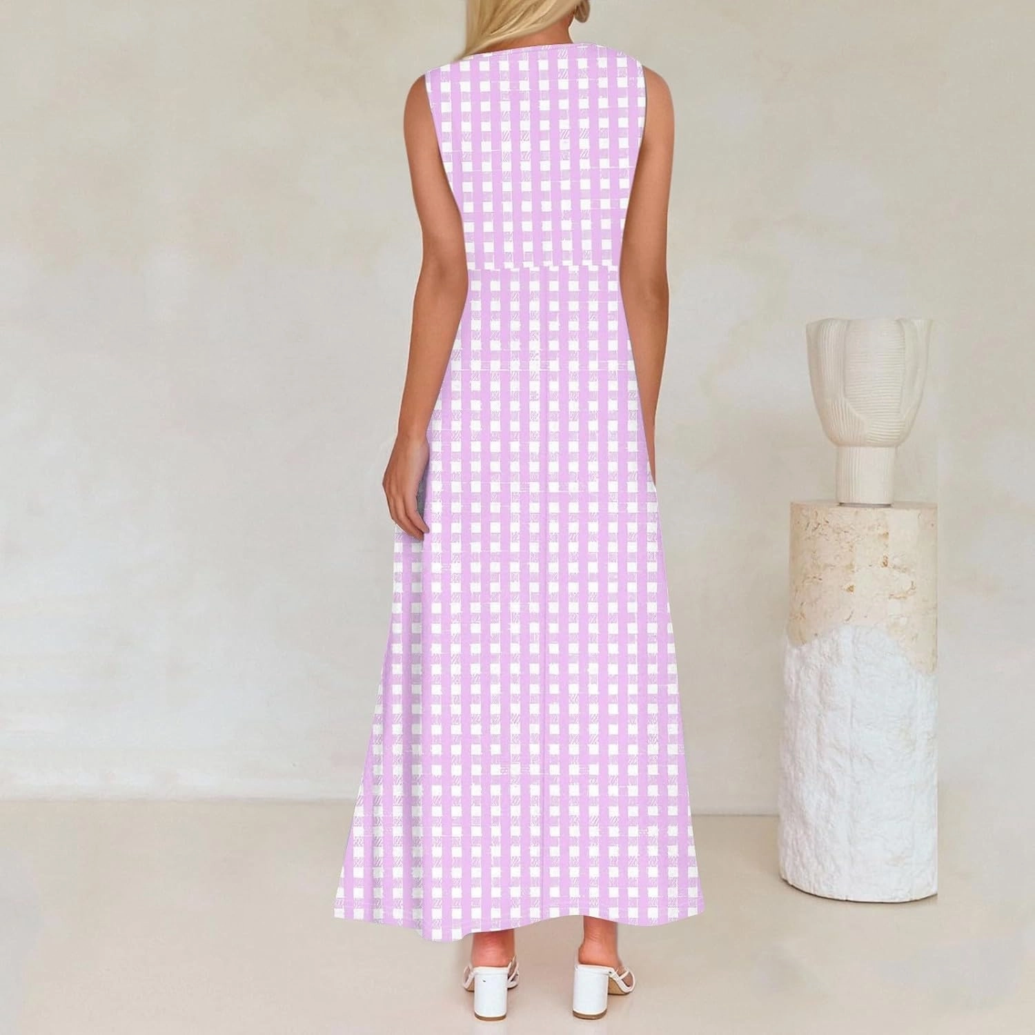 Summer Dress for Women V Neck Sleeveless Plaid Aline Flowy Ruffle Long Sundress,S-2XL