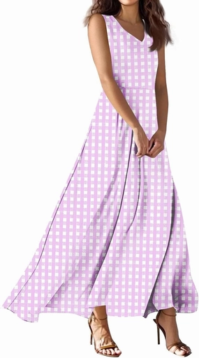 Summer Dress for Women V Neck Sleeveless Plaid Aline Flowy Ruffle Long Sundress,S-2XL
