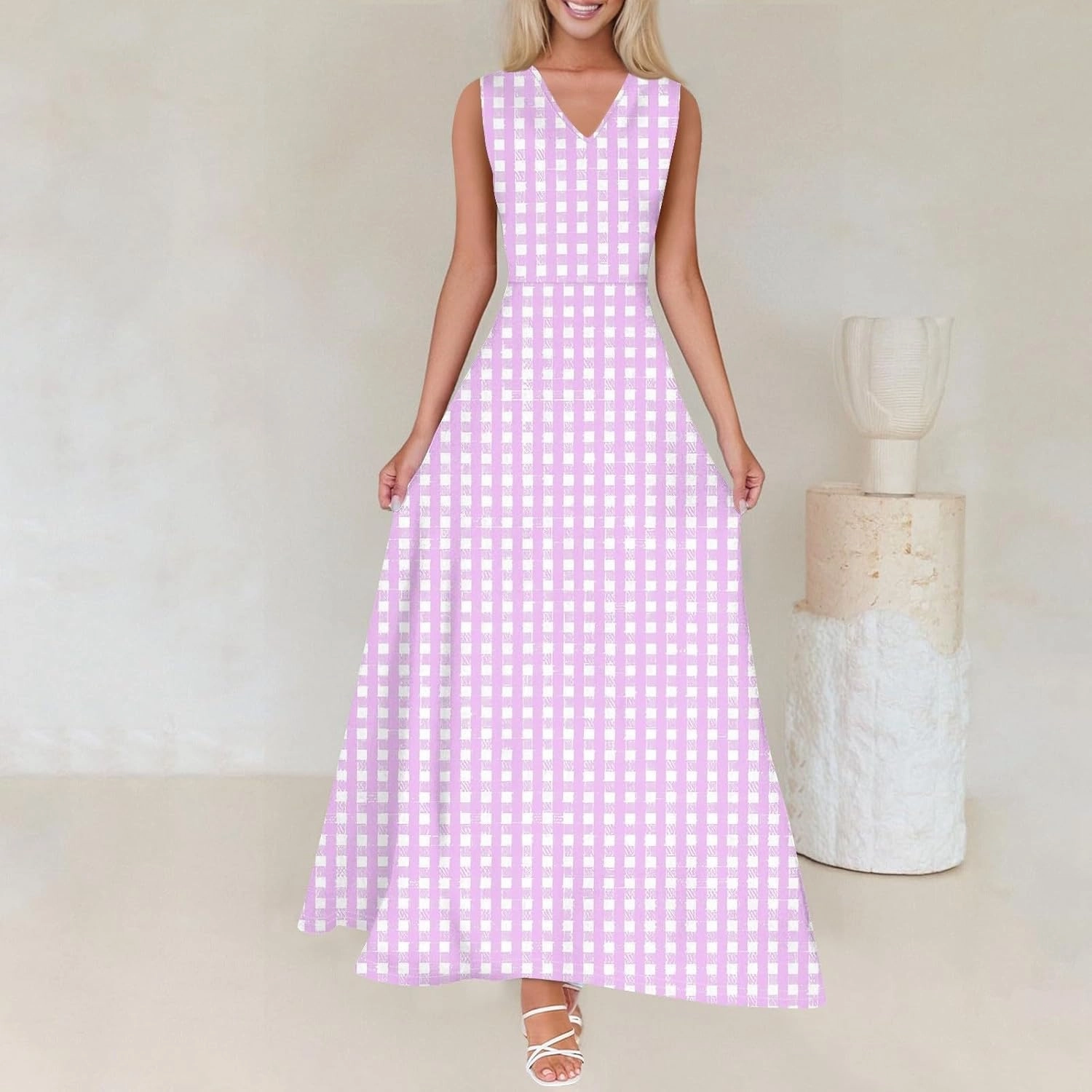 Summer Dress for Women V Neck Sleeveless Plaid Aline Flowy Ruffle Long Sundress,S-2XL