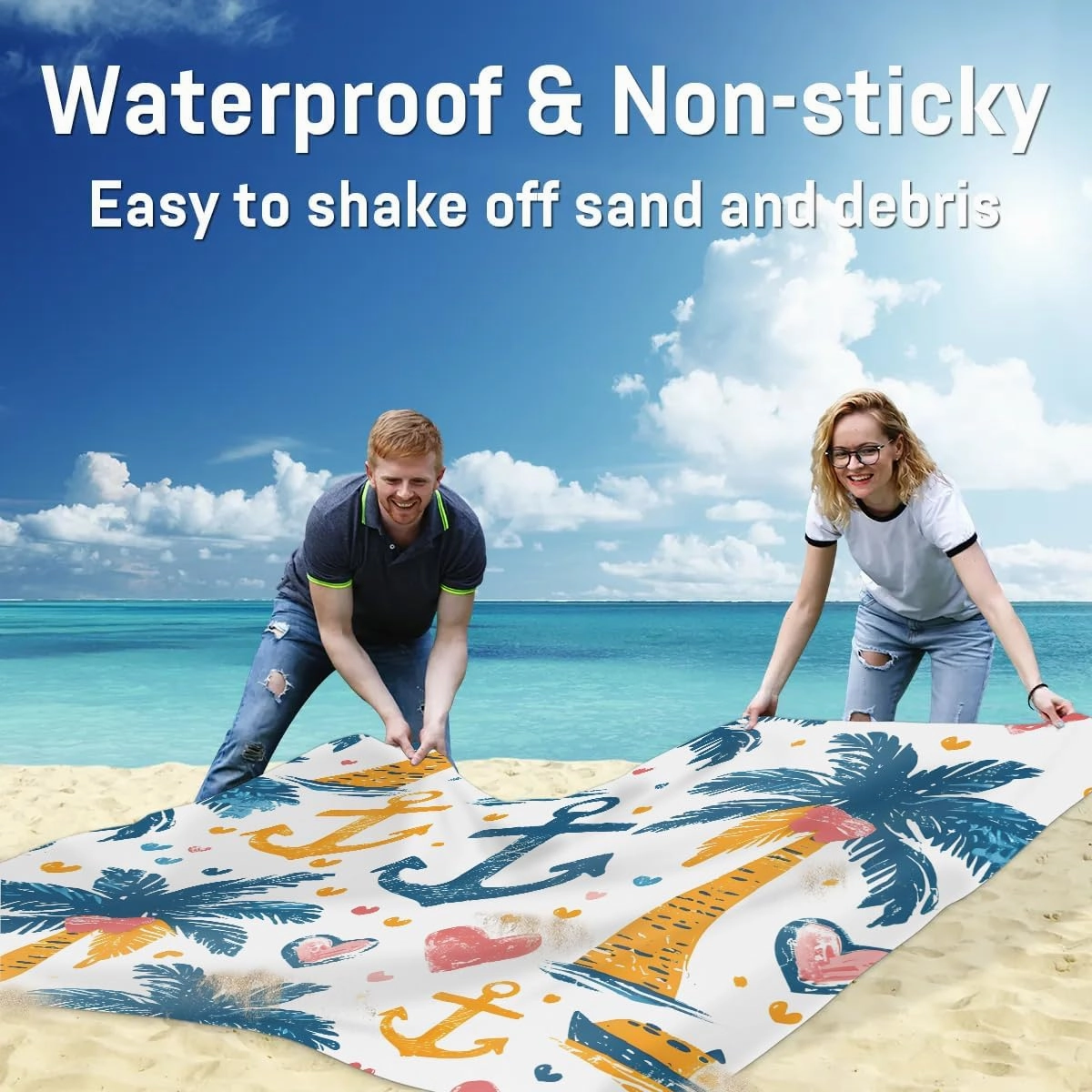 Summer Tropical Palm Tree Beach Blanket, Sandproof Beach Mat, 68 x 59 Waterproof Quick Drying Sand Free Mat with 4 x Ground Spikes for Outdoor Travel Camping Hiking, Nautical Anchor