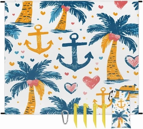 Summer Tropical Palm Tree Beach Blanket, Sandproof Beach Mat, 68 x 59 Waterproof Quick Drying Sand Free Mat with 4 x Ground Spikes for Outdoor Travel Camping Hiking, Nautical Anchor