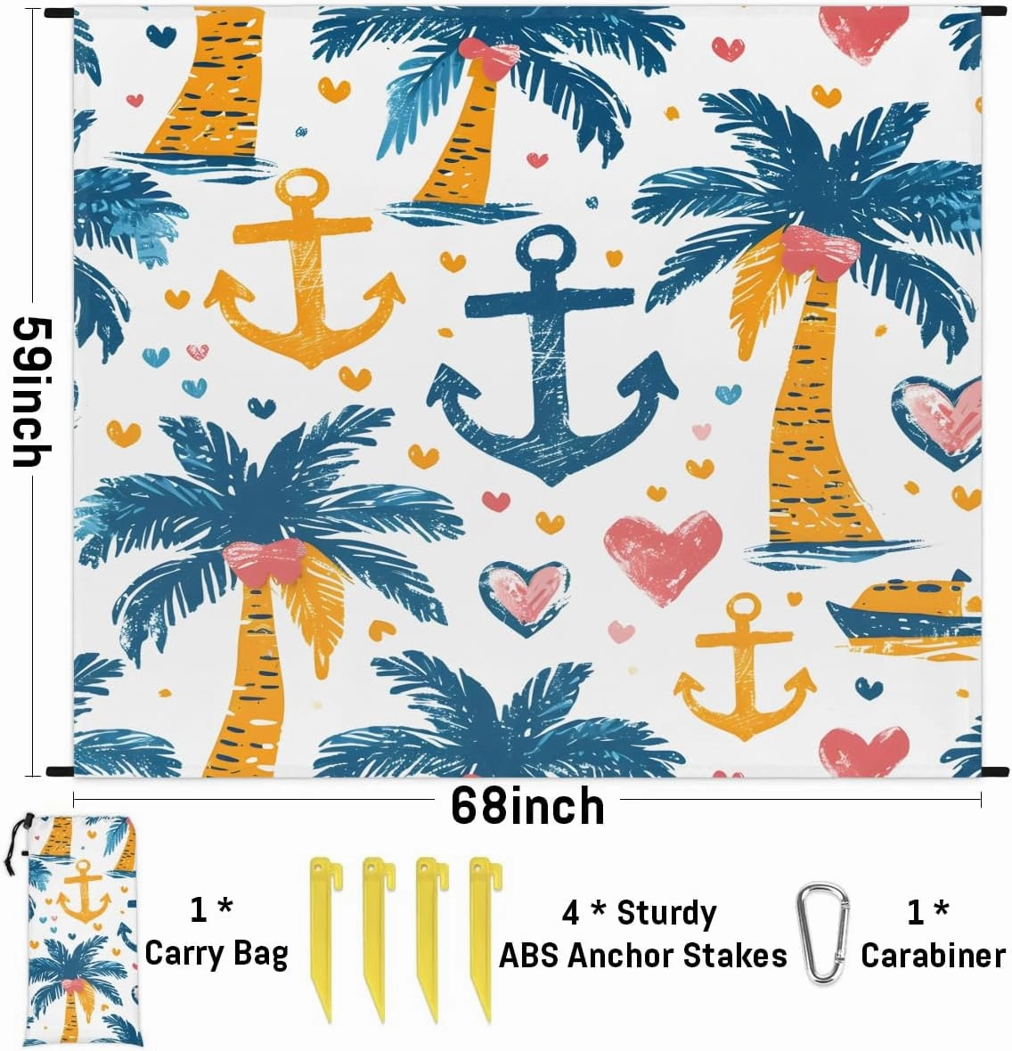 Summer Tropical Palm Tree Beach Blanket, Sandproof Beach Mat, 68 x 59 Waterproof Quick Drying Sand Free Mat with 4 x Ground Spikes for Outdoor Travel Camping Hiking, Nautical Anchor