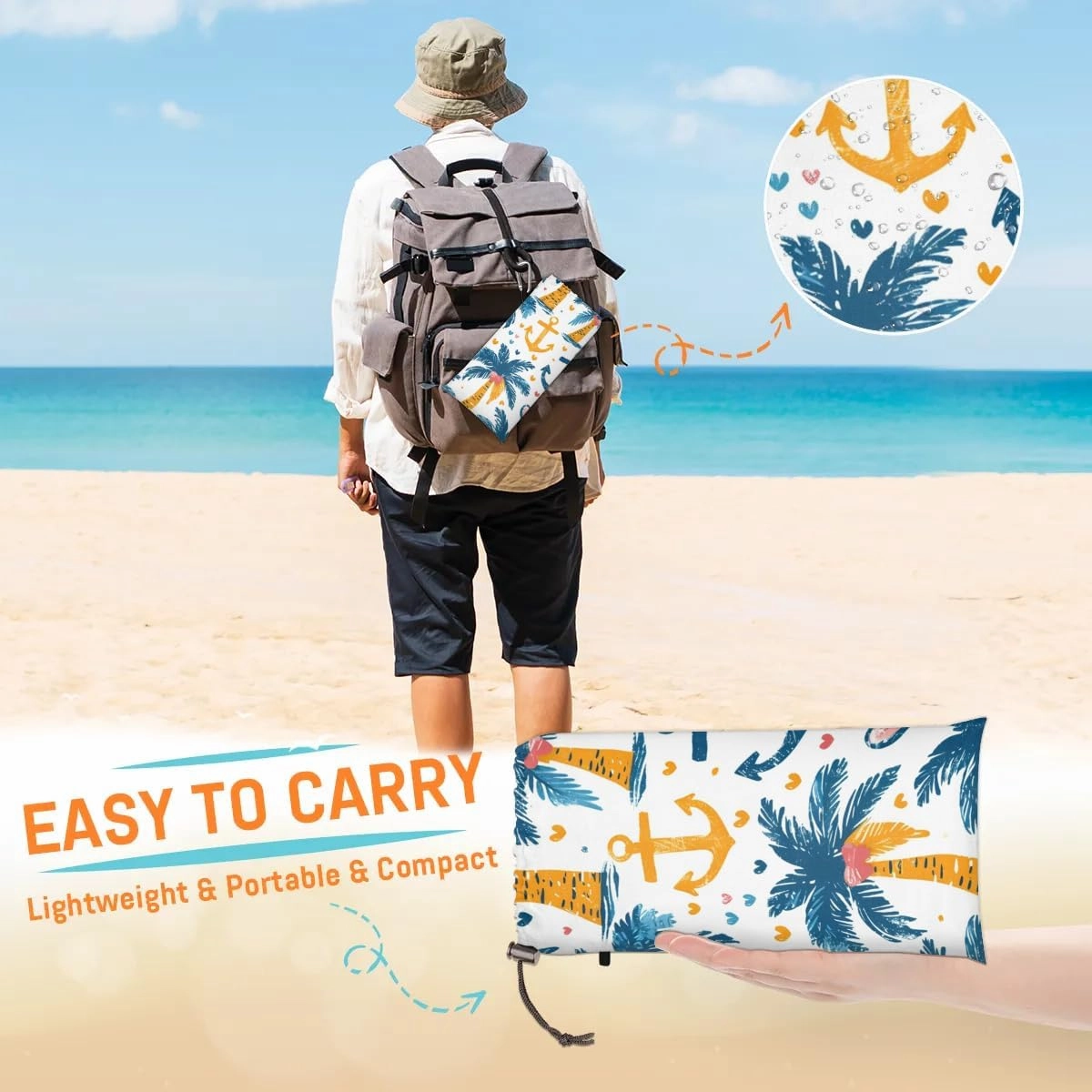 Summer Tropical Palm Tree Beach Blanket, Sandproof Beach Mat, 68 x 59 Waterproof Quick Drying Sand Free Mat with 4 x Ground Spikes for Outdoor Travel Camping Hiking, Nautical Anchor