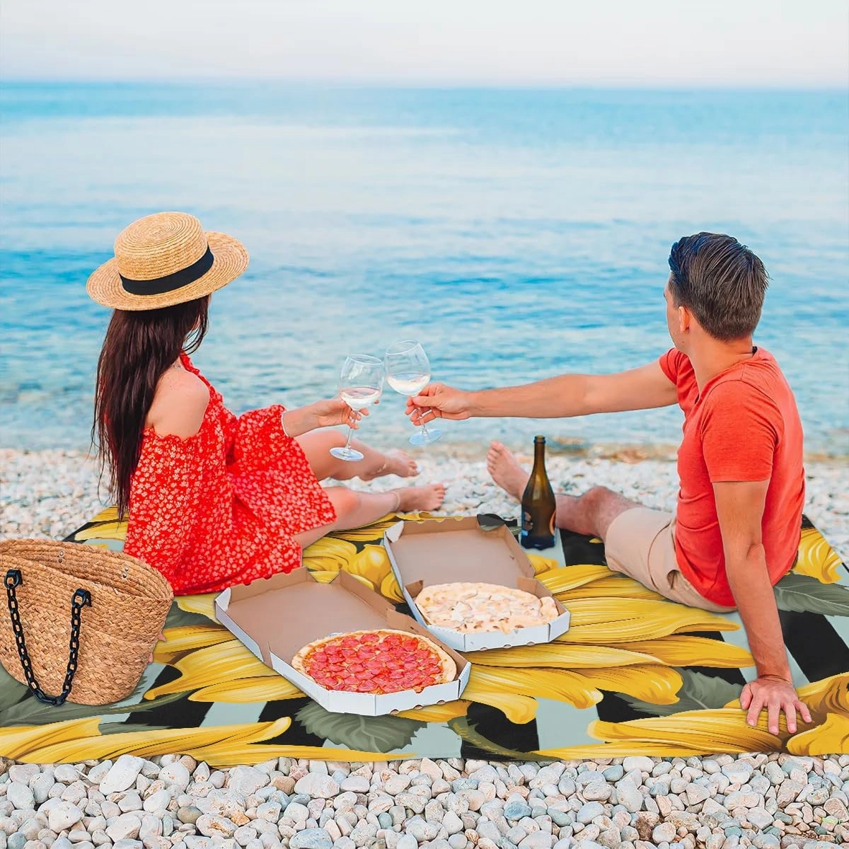 Sunflower Beach Blanket, Sandproof Beach Mat, 68 x 59 Waterproof Quick Drying Sand Free Mat with 4 x Ground Spikes for Outdoor Travel Camping Hiking, Watercolor Spring Sunflower