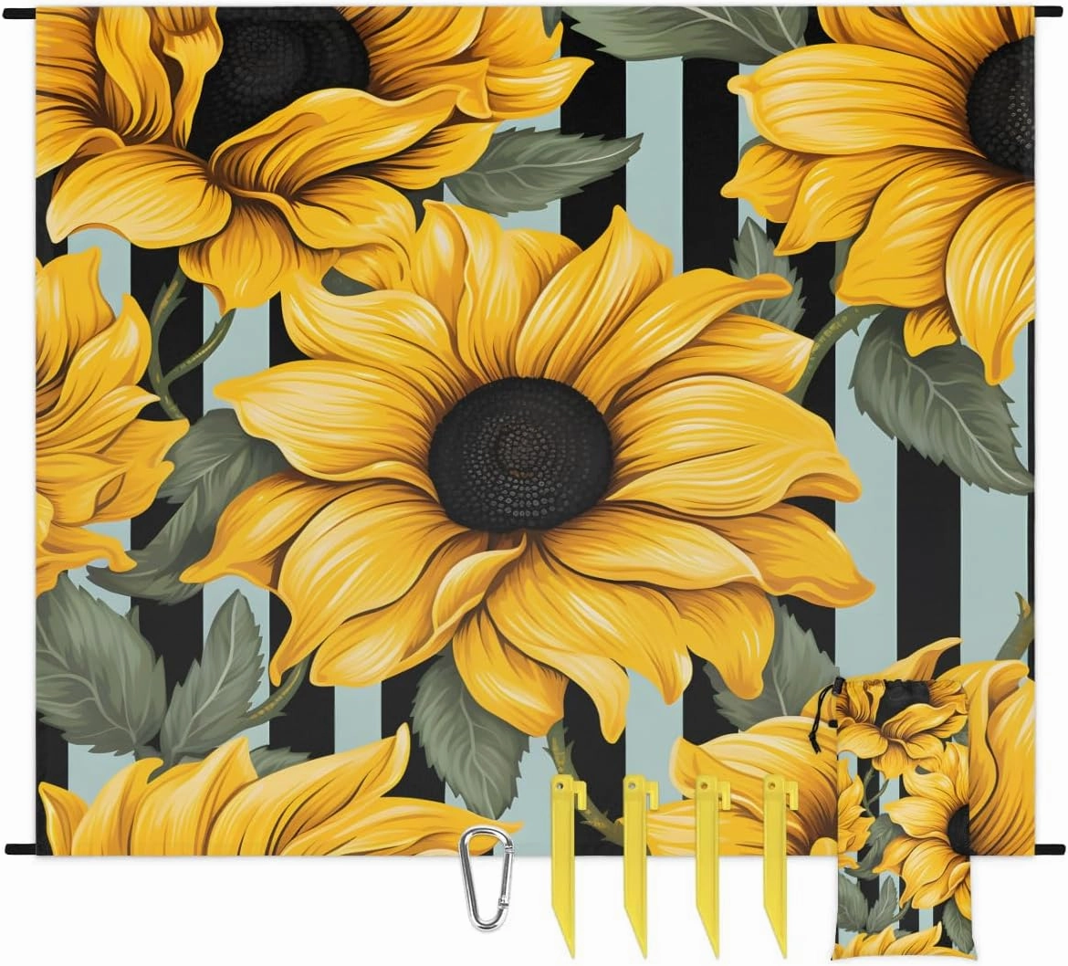 Sunflower Beach Blanket, Sandproof Beach Mat, 68 x 59 Waterproof Quick Drying Sand Free Mat with 4 x Ground Spikes for Outdoor Travel Camping Hiking, Watercolor Spring Sunflower