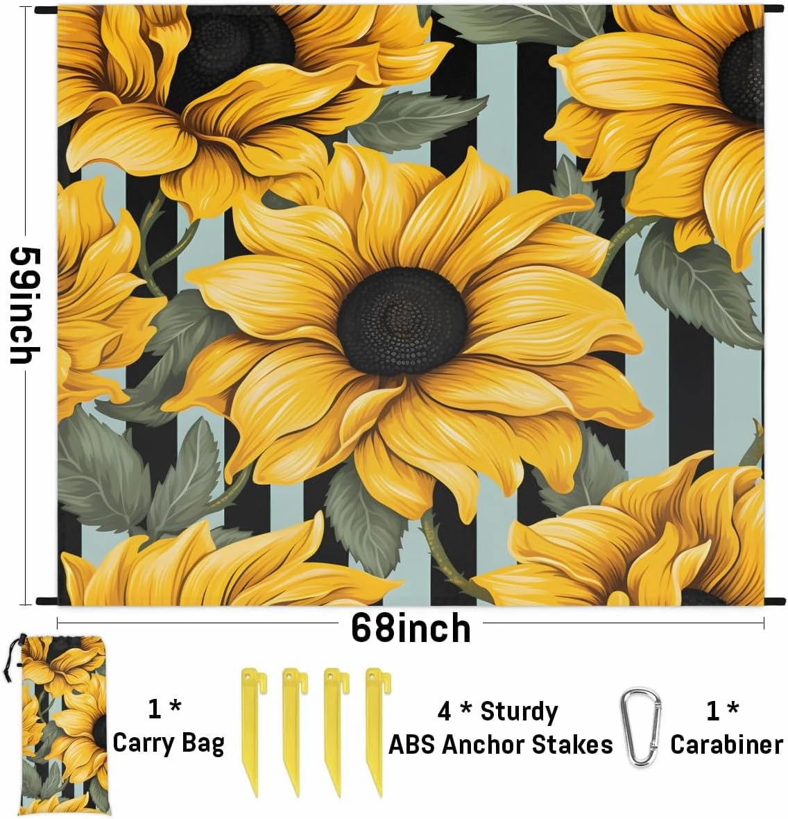 Sunflower Beach Blanket, Sandproof Beach Mat, 68 x 59 Waterproof Quick Drying Sand Free Mat with 4 x Ground Spikes for Outdoor Travel Camping Hiking, Watercolor Spring Sunflower
