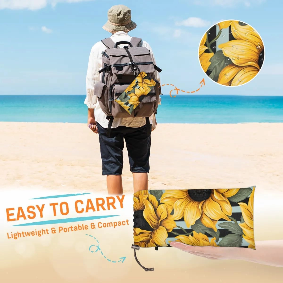 Sunflower Beach Blanket, Sandproof Beach Mat, 68 x 59 Waterproof Quick Drying Sand Free Mat with 4 x Ground Spikes for Outdoor Travel Camping Hiking, Watercolor Spring Sunflower