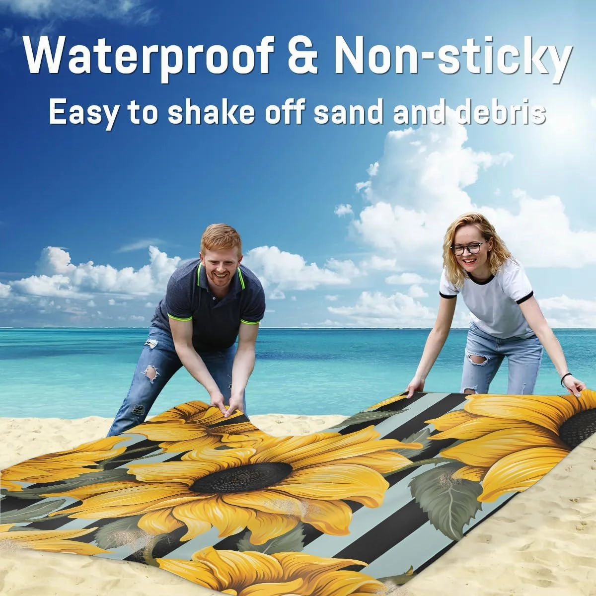 Sunflower Beach Blanket, Sandproof Beach Mat, 68 x 59 Waterproof Quick Drying Sand Free Mat with 4 x Ground Spikes for Outdoor Travel Camping Hiking, Watercolor Spring Sunflower